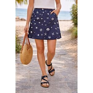 A New Day Navy Seashell Print Mini Skirt Linen Blend Size 12 NWT 🌼